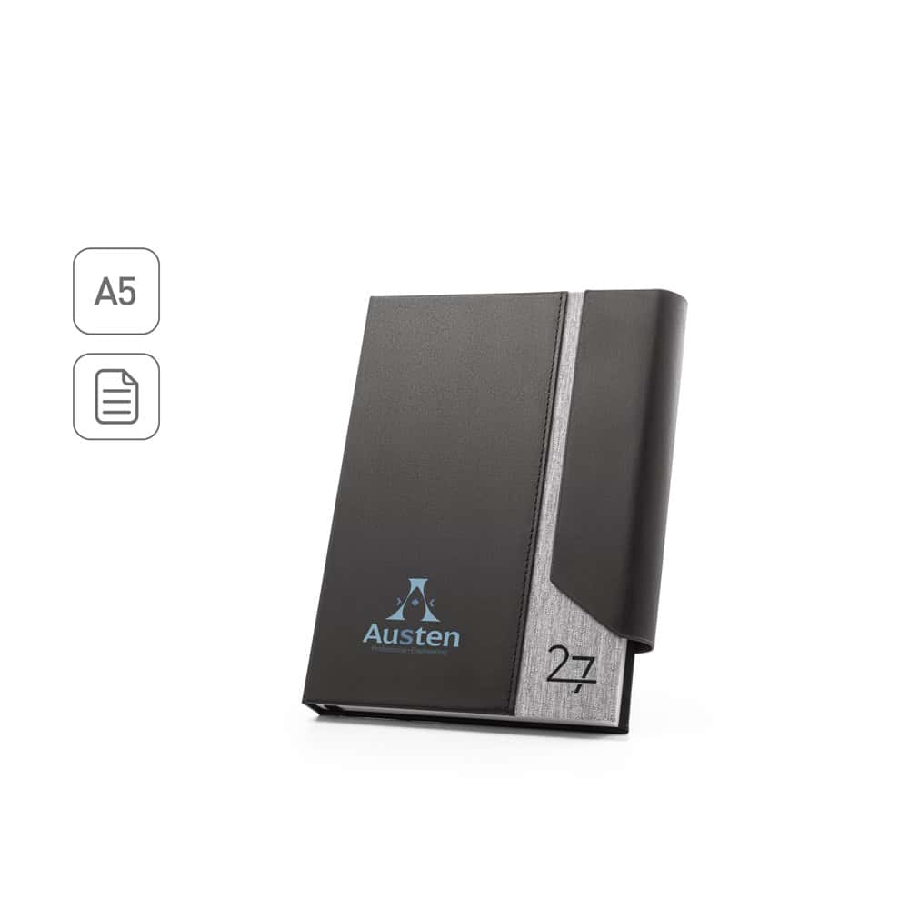 AUSTEN A5. Agenda A5 em PU (58% reciclado) e PET reciclado (100% rPET) 300D