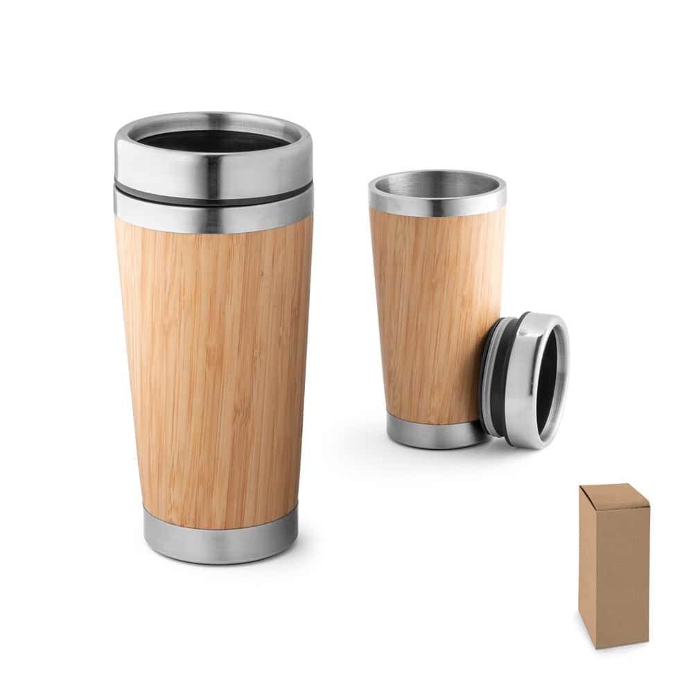 PIETRO. Copo de viagem térmico em aço inox e bambu, de parede dupla isolada a ar (500 mL)