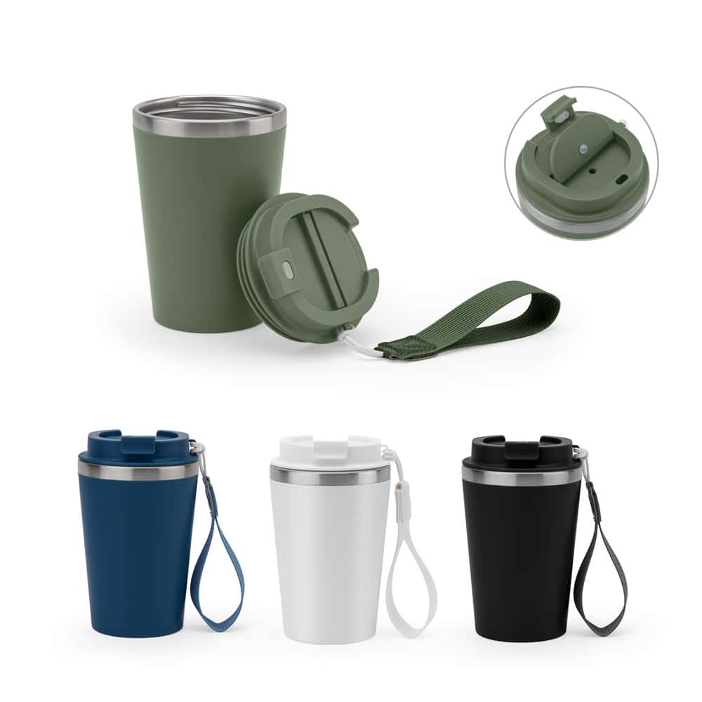 SPITZ. Copo de viagem térmico em aço inox 90% reciclado de parede dupla, com acabamento em mate (440 mL)